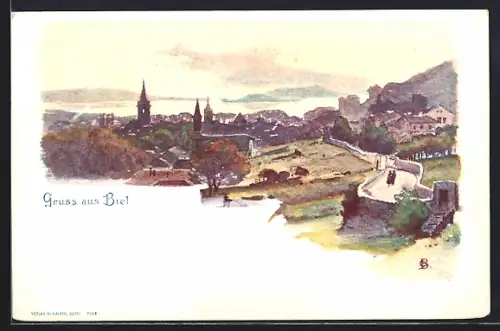 Künstler-AK Biel, Blick auf Stadt und See