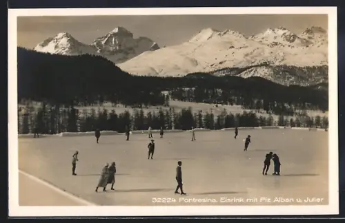 AK Pontresina, Eisrink mit Piz Alban u. Julier