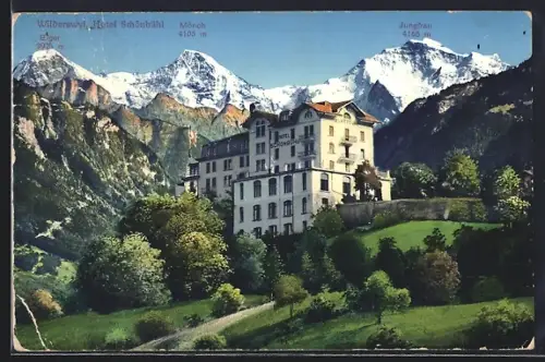 AK Wilderswyl, Hotel Schönbühl mit Eiger, Mönch und Jungfrau