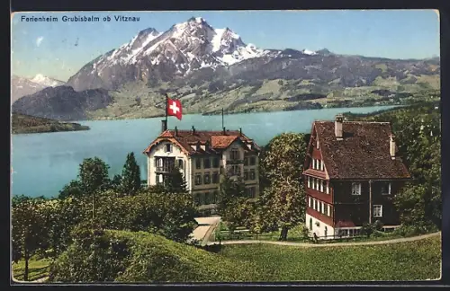 AK Vitznau, Hotel Ferienheim Grubisbalm, Panorama mit See und Alpen