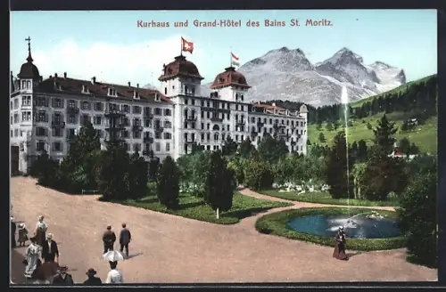 AK St. Moritz, Kurhaus und Grand-Hotel, davor Grünanlagen