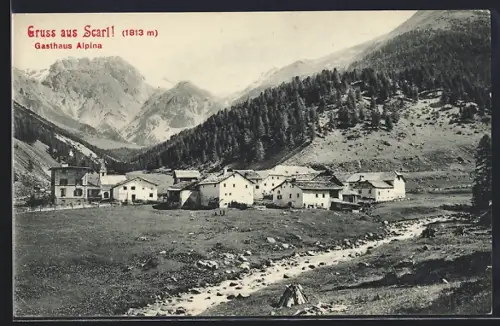 AK Scarl, Ortsansicht mit Gasthaus Alpina