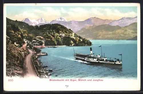 AK Beatenberg, Beatenbucht, Ansicht mit Dampfer, Eiger, Mönch und Jungfrau