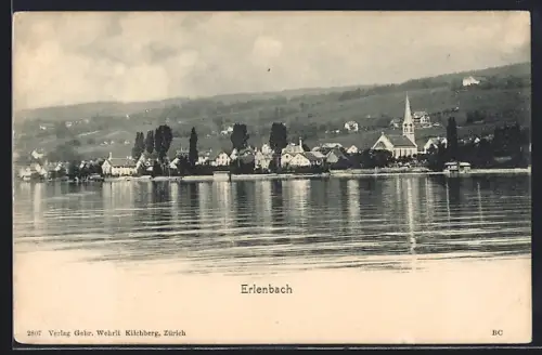 AK Erlenbach /ZH, Panorama mit Zürichsee und Kirche