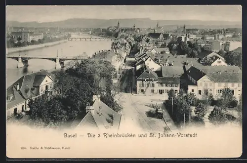 AK Basel, Die drei Rheinbrücken und St. Johann-Vorstadt