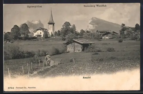 AK Aeschi /BE, Ortsansicht mit Sigriswyl-Grat und Beatenberg Wandfluh