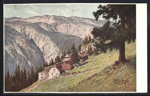 Künstler-AK Bruno Hess: Deutscher Schulverein Nr. 1473, Baumgartnerhaus am Schneeberg mit Blick gegen die Kar