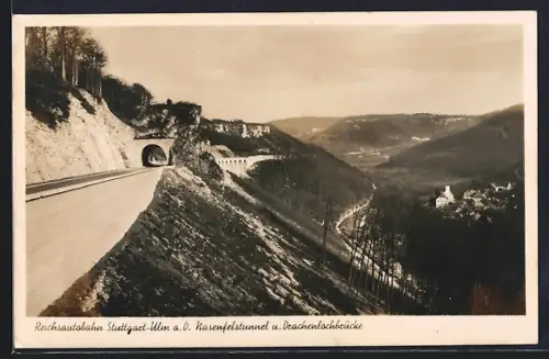 AK Drackenstein, Reichsautobahn Stuttgart-Ulm a.D. Nasenfelstunnel und Drachenlochbrücke