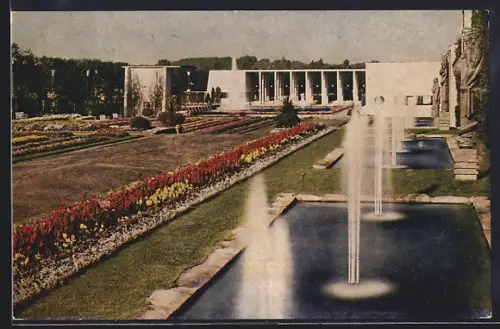 AK Essen, Grosse Ruhrländische Gartenbau-Ausstellung 1929, Sommerblumenterrassen und Wasserkunstanlagen