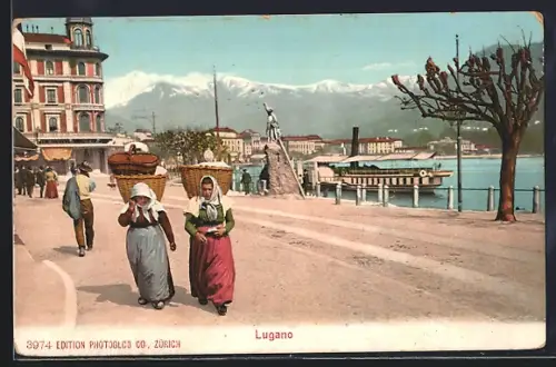 AK Lugano, Strassenpartie mit Frauen mit Kiepe