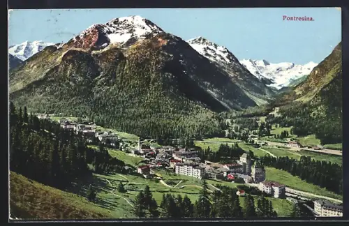 AK Pontresina, Ansicht mit den Bergen