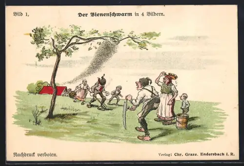 Künstler-AK Bauern beobachten schwärmende Bienen