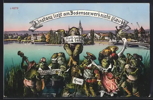 AK Konstanz, Vermenschlichte Frösche vor der Stadt