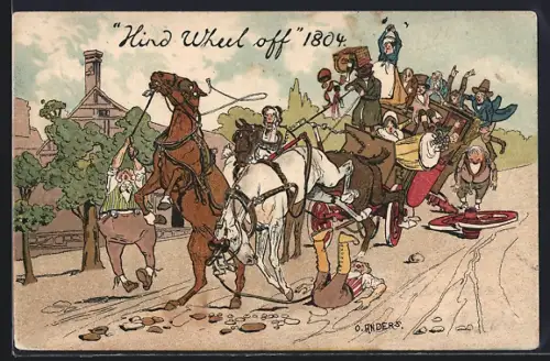 Künstler-AK sign. O. Anders: Hind Wheel off, Kutsche erleidet einen Radbruch