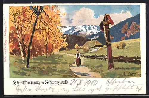 Künstler-AK Ludwig Zorn: Herbststimmung im Schwarzwald, Frau in Tracht nähert sich einem Kreuz
