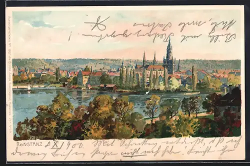 Künstler-Lithographie Zeno Diemer: Konstanz, Blick zum Ort