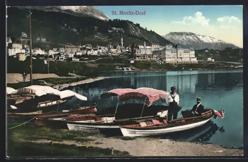 AK St. Moritz-Dorf, Ortsansicht am Wasser mit Booten