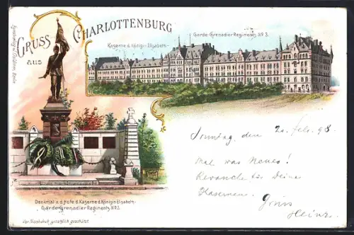 Lithographie Berlin-Charlottenburg, Kaserne d. Königin Elisabeth, Denkmal, Garde Grenadier Regiments No 3