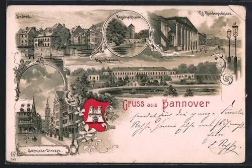 Lithographie Hannover, Beguinenthurm, Kgl. Residenzschloss, Herrenhausen, Schmiede-Strasse