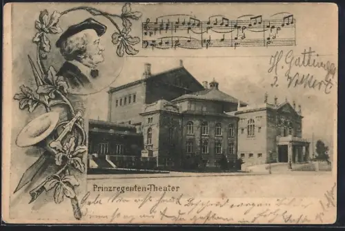 AK München, Prinzregenten-Theater, Richard Wagner, Komponist mit Hut, Musikkomposition