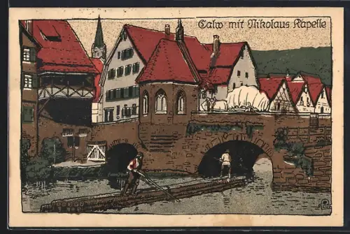 Steindruck-AK Calw, Flusspartie mit Nikolaus Kapelle