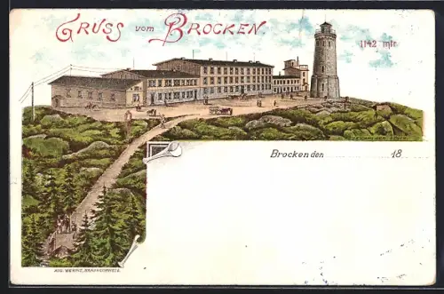 Lithographie Brocken, Ansicht des Berggipfels in 1142 Metern Höhe