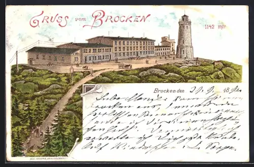 Lithographie Brocken, Hotel und Aussichtsturm