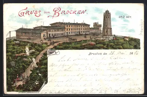 Lithographie Brocken, Gasthaus Brocken mit Aussichtsturm