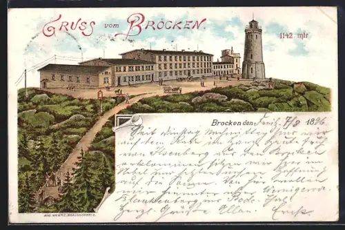 Lithographie Brocken, Blick zum Brockenhotel