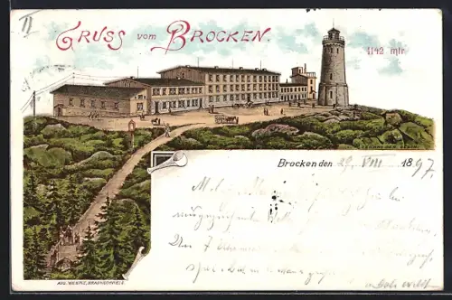 Lithographie Brocken, Blick zum Brockenhotel
