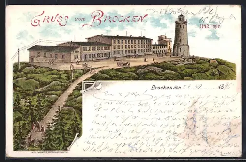 Lithographie Brocken, Blick zum Brockenhotel