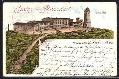 Lithographie Brocken, Blick zum Brockenhotel