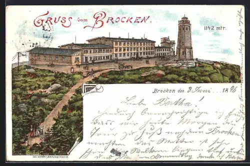 Lithographie Brocken, Gasthaus Brocken mit Aussichtsturm