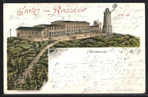 Lithographie Brocken, Hotel und Aussichtsturm