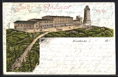 Lithographie Brocken, Blick zum Brockenhotel