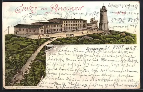 Lithographie Brocken, Hotel und Aussichtsturm