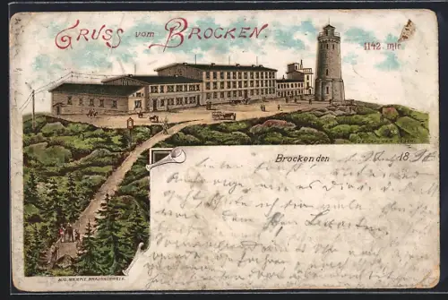 Lithographie Brocken, Blick zum Brockenhotel
