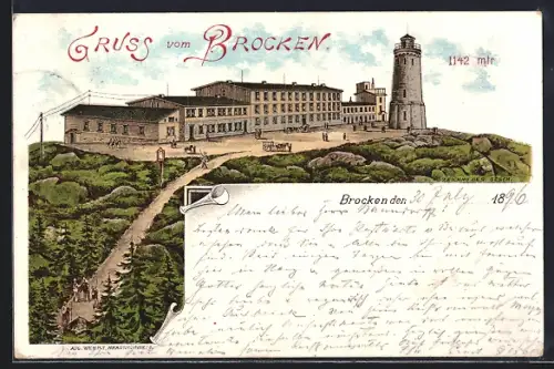 Lithographie Brocken, Blick zum Brockenhotel