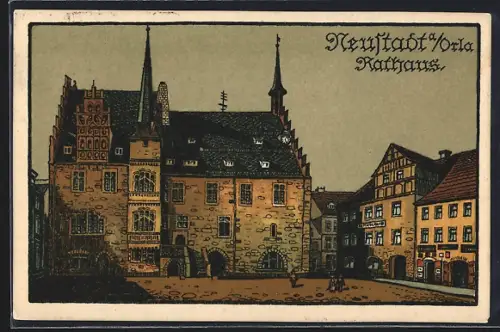 Steindruck-AK Neustadt / Orla, Frontansicht des Rathauses