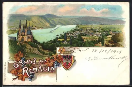 Lithographie Remagen / Rhein, Ortsansicht aus der Vogelschau, Dampfer auf dem Rhein, Wappen