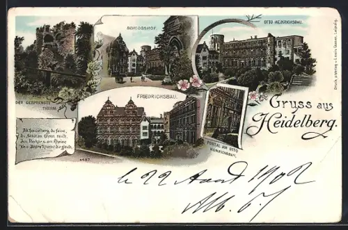 Lithographie Heidelberg, Schlosshof, Otto-Heinrichs-Bau, Friedrichsbau, Der gesprengte Turm, Reim