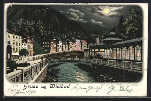 Lithographie Wildbad / Schwarzwald, Olgastrasse mit Trinkhalle