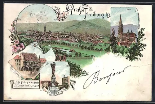 Lithographie Freiburg i. B., Ortsansicht, Kaufhaus, Siegesdenkmal und Dom