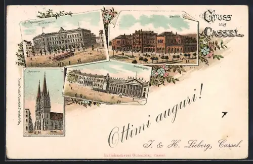 Lithographie Cassel, Bahnhof, Post am Königsplatz, Friedrichsplatz