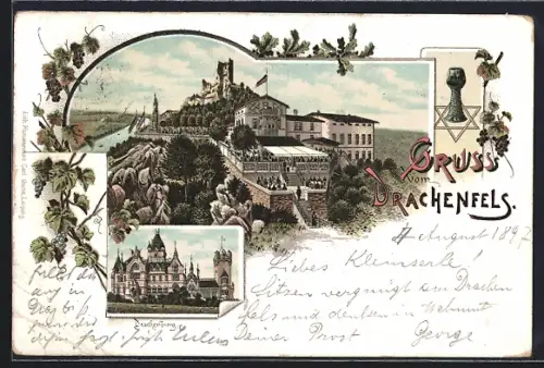 Lithographie Drachenfels, Drachenburg und Blick auf den Ort