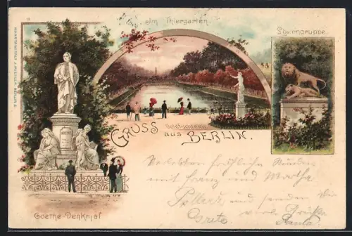 Lithographie Berlin-Tiergarten, Goethe-Denkmal, Goldfischteich im Tiergarten und Löwengruppe