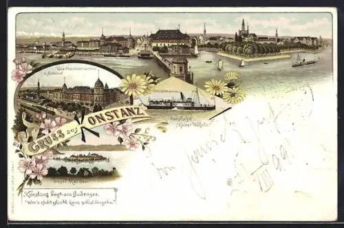 Lithographie Konstanz, Bahnhof & Oberpostdirektion, Dampfer Kaiser Wilhelm, Hafen