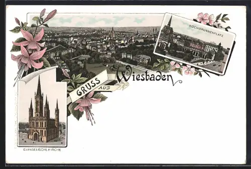 Lithographie Wiesbaden, Ortsansicht, Kochbrunnenplatz, Evangelische Kirche