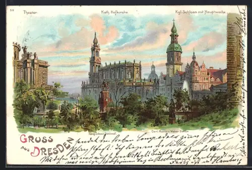 Lithographie Dresden, Theaterm Katholische Hofkirche, Königliches Schloss mit Hauptwache