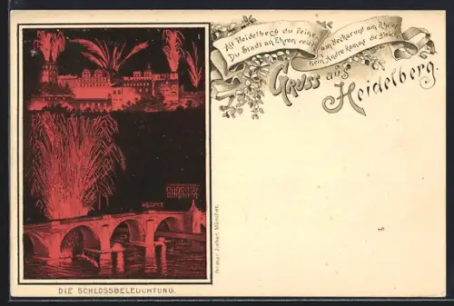 Lithographie Heidelberg, Schlossbeleuchtung bei Nacht